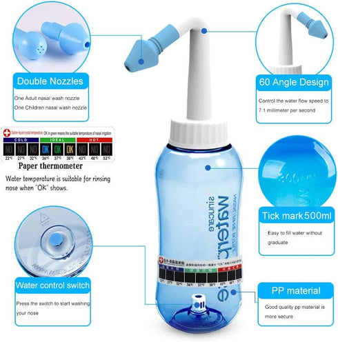 Darate Neti Pot Sinus Rinse Bottle, Nose Wash Cleaner Pressure Rinse Nasal Irrigation for Adult & Kid BPA Free with Sticker Thermometer (500ML)...