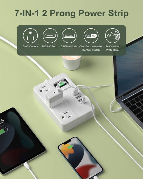 2 Prong Power Strip with USB-C, ROOTOMA 2 Prong to 3 Prong Outlet Adapter, 1080J 2 Prong Surge Protected with 3 Outlet & 4 USB, 3 Prong Adapter 4f...