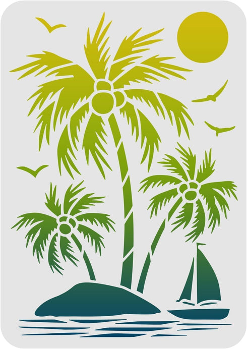 FINGERINSPIRE Palm Trees Stencil 11.7x8.3" Island Sailboat Painting Stencil Summer Sun Geese Pattern Drawing Stencil Reusable Tropical Ocean Beach...