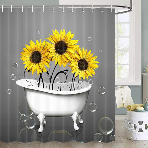 Rustic Farmhouse Shower Curtain - Fabric Yellow and Gray, Farm Floral Flowers Sunflower Shower Curtain Funny Set with Hooks, 72X72 inch...