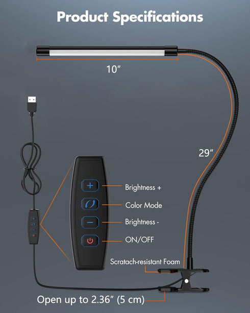 JHD LED Desk Lamp with Clamp - Adjustable 3 Modes, 10 Brightness Levels, USB Eye Caring Flexible Gooseneck Desk Light, Perfect for Home Office, Do...