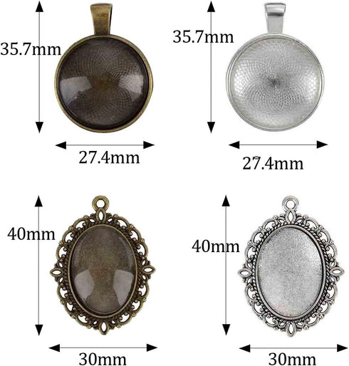 Glarks 64-Pieces Pendant Set, 16Pcs Oval Pendant Trays and 16Pcs Round Bezels with 32Pcs Glass Cabochon Round Clear Dome Tiles for Crafting DIY Je...