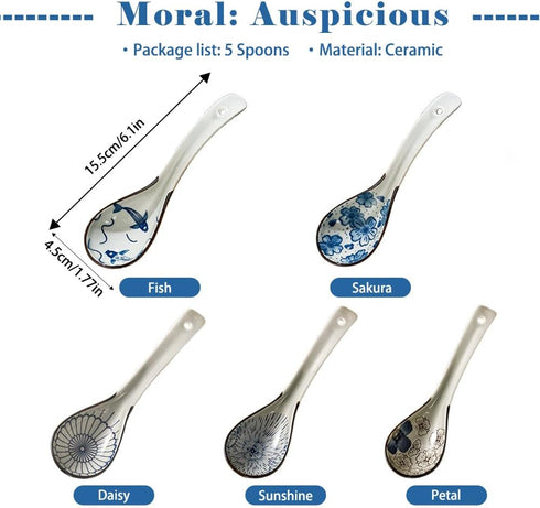 5pcs Asian Soup Spoon, Ceramic Chinese Soup Spoons, Deep Oval Hook Non-slip Japanese Spoons for Rice Ramen Pho Miso Soup Wonton Noodle, Luck and P...