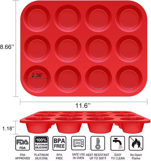 12 Cups Silicone Muffin Pan, 2 Pack Non-Stick Cupcake Pans Silicone Muffin Tray Baking Pan for Making Muffin Cakes, Cupcake, Bread, Tart, Egg Bite...