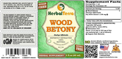 Wood Betony (Stachys Officinalis) Glycerite, Organic Dried Herb Alcohol-Free Liquid Extract 2 oz...