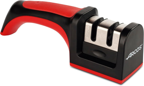 Arcos Sharpeners Manual Knife Sharpener tool. Made of ABS + TPE. Carbide and Ceramic Rollers. Keep Your Knives Razor Sharp. Black and Red Color...
