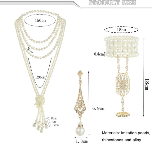 LUBINGSHINE 3pcs Pearl Jewelry Set 1920s Vintage Accessories for Women Long Multilayer Imitation Pearl Necklace Bracelet Dangly Earrings...