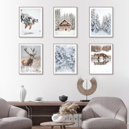 Canssape Snow Landscape Wall Poster Nature Wall Art Decor Set of 6 Winter Poster Prints Forest Botanical Wall Decor Elk Squirrel Painting Aestheti...