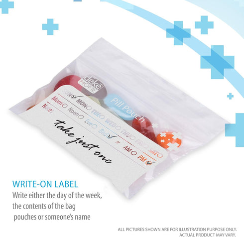 Deke Home - 100 Pack Clear Resealable Pill Bags (4x2.75 in), Travel Medicine Pouches with Write-On Label, BPA-Free Disposable Pill Organizer for M...