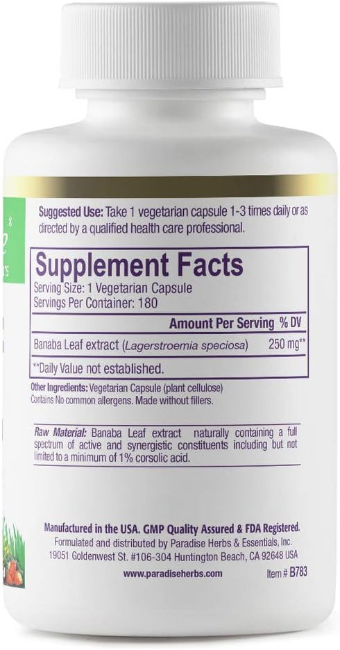 Paradise Herbs, Banaba Leaf, 12:1 Concentrated Extract, 250 mg, Vegan, Gluten-Free, Non-GMO, 180...