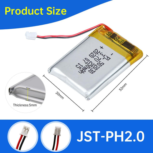 502030 3.7V Lipo Battery 250mAh 502030 Rechargeable Lithium Polymer Battery Pack with JST PH2.0mm Connector for Electronic Device...