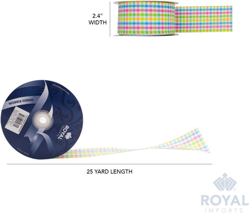 Royal Imports Spring Pastel Wired Ribbon, 2.5" (#40) Gingham Design Print for Baby Shower, Gender Reveal, Easter, Floral, Craft, Holiday Decor, 25...