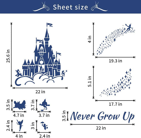 Supzone Castle Wall Stickers Fairy Tale Castle Never Grow Up Quotes Stars Wall Decor for Baby Nursery Room Kids Bedroom Wall Decal-Navy Blue...