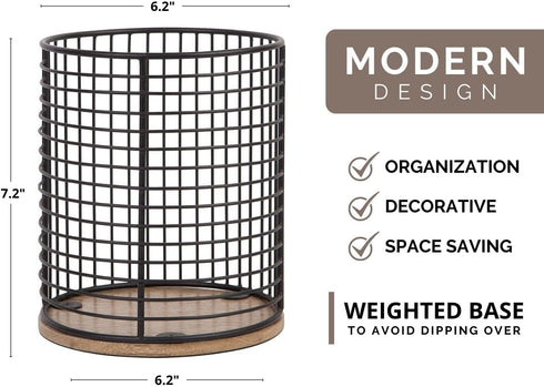 MosJos Extra Large Black Utensil Holder with Spacious Wooden Base - Farmhouse Utensil Storage - Classic Round Wire Crock Kitchen Countertop Organi...