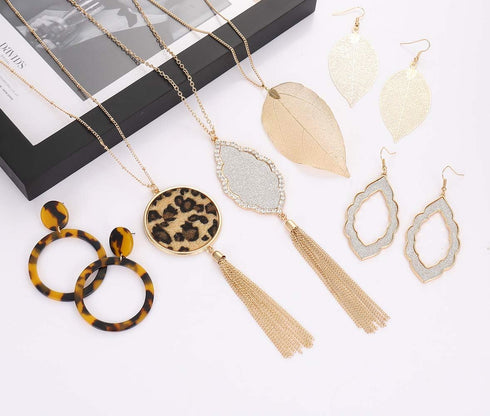 Leopard Print Long Pendant Necklace Dangle Drop Earrings Set for Women Leaf Tassel Necklace Tortoise Shell Acrylic Resin Earrings 6 PCS...