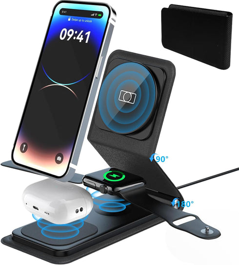 Foldable Magnetic Wireless Charger, Leather 3-in-1 Charging Station for Multiple Devices Apple, Fast Travel Mag-Safe Charger Stand for iPhone 15 1...