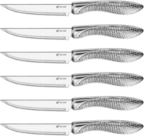 Serrated Steak Knives, Stainless Steel Sharp Blade Flatware Steak Knives Set of 6, Unique Hammered Pattern Hollowed Handle,4.5 In,For Kitchen Rest...