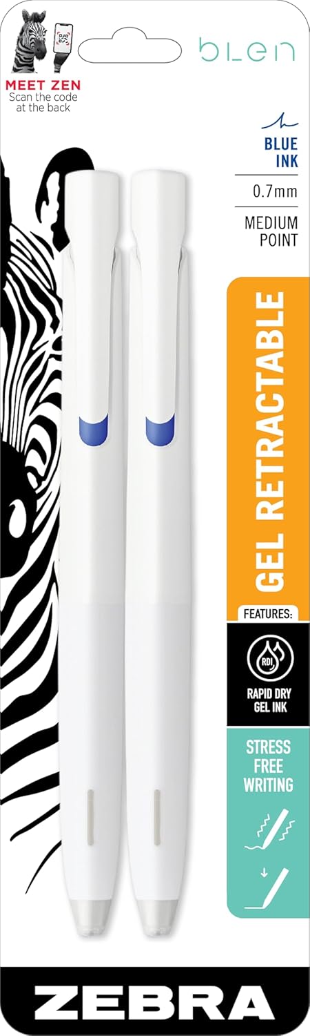 Zebra Pen bLen Retractable Gel Pen, White Barrel, Medium Point, 0.7mm, Blue Ink, 2-Count (41422)...