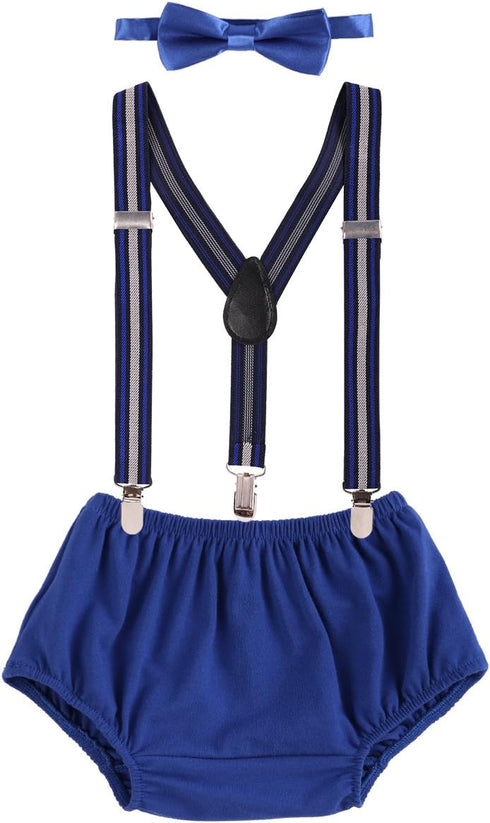 IWEMEK Baby Boys 1st Birthday Cake Smash Outfit Adjustable Y Back Elastic Clip Suspenders Bowtie set Pre-tied Bloomers Shorts...