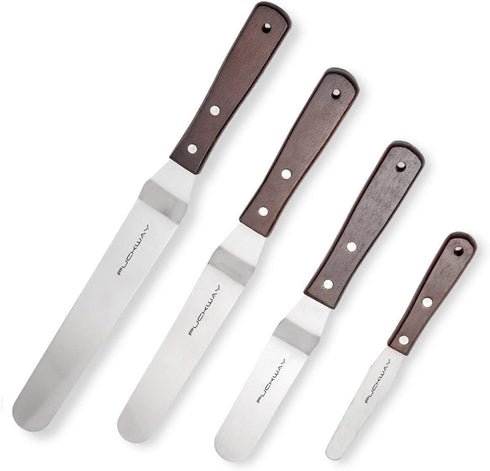 Offset Cake Icing Spatula Set of 4- Professional Stainless Steel Cake Decorating Frosting Spatulas, 4"-6"-8"-10" Flexible Resistant Blade, Wooden ...