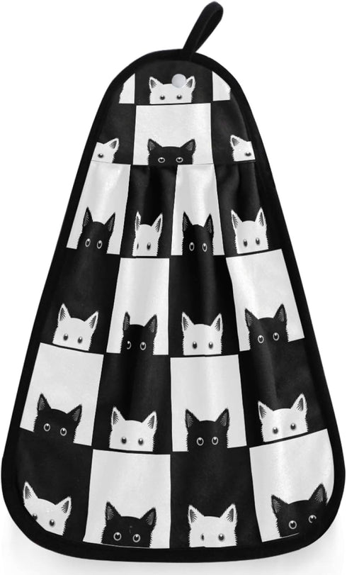 visesunny Black and White Cat Animal Kitchen Dish Towel with Hanging Loop Absorbent Hand Towel for Bathroom Cleaning and Drying Washcloth...