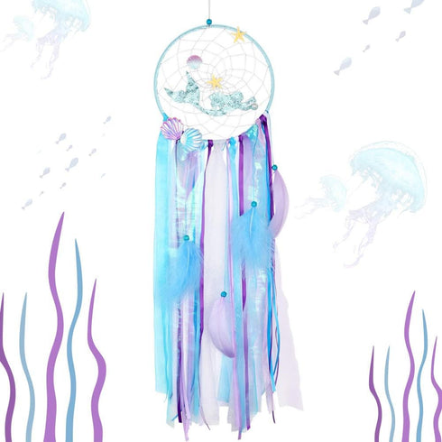 AerWo Mermaid Dream Catcher Macrame Wall Hanging Decor, Handmade Blue Mermaid Gifts for Girls, Kids Nursery Bedroom Decor, Under The Sea Mermaid H...