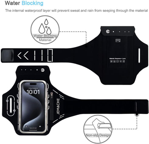 iPhone 16 15 Pro Max & Plus Armband, JEMACHE Gym Workouts Running Phone Arm Band for iPhone 16 15 14 13 12 11 Pro Max/Plus with Airpods Holder (Bl...