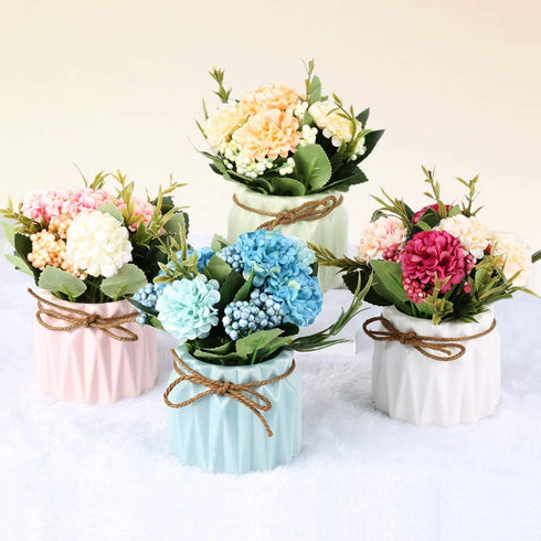 Artificial Hydrangea Bouquet with Small Ceramic Vase Fake Silk Variety Flower Balls Flowers Decoration for Table Home Party Office Wedding (Blue)...