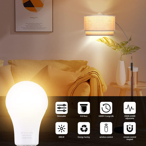 A19 LED Light Bulbs with Remote Control, 800LM 9W (60W Equivalent) LED Bulbs,Stepless Dimmable 3000K-6000K,E26 Base,CRI 80+,2.4GHz,25000+ Hours Li...
