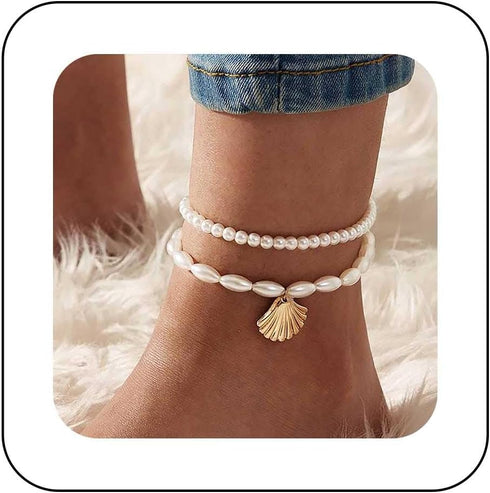 Vintage Layered Shell Pearl Anklet White Pearl Anklet Gold Scallop Shell Anklet Bracelet Pearl Bead Anklet Foot Chain Pearl Stretch Anklet Jewelry...