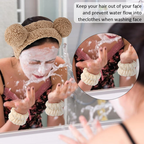 AHONEY Spa Bear Ears Headband, Face Wash Headband and Wristband Set, Cute Makeup Skincare Headbands Wrist Bands for Washing Face Elastic Fluffy He...