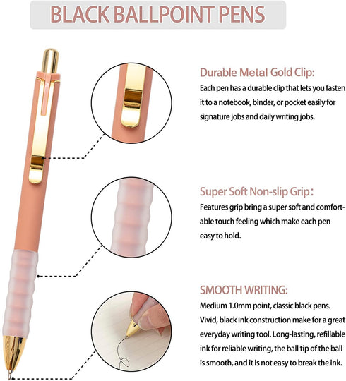 Linbsunne Ballpoint Pens Black Medium Point 1mm Pen with Super Soft Grip Ball Point Pen for Men Women Retractable Pens (gold-12 pcs)...