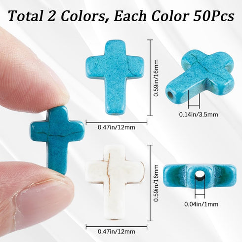 SUNNYCLUE 1 Box 100Pcs Cross Beads Bulk White Blue Synthetic Turquoise Stone Beads Easter Holiday Pocket Crosses 16x12mm Mini Small Loose Spacer C...