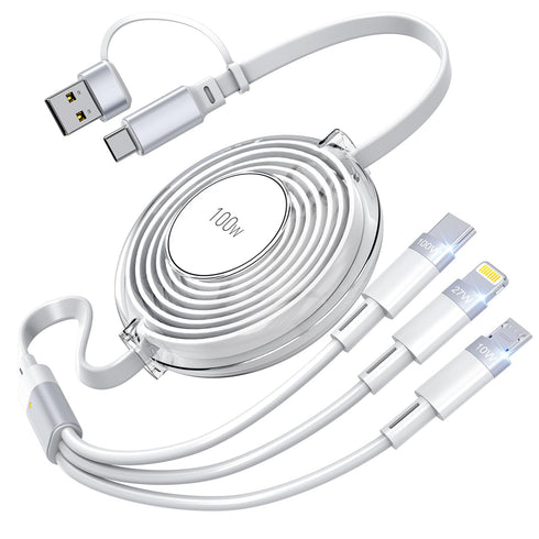 Retractable iPhone Charger, 3-in-1 Multi Charging Cable, 100W Fast Charging USB-C/A to Lightning/USB-C/Micro Retractable USB-C Cable for iPhone 15...