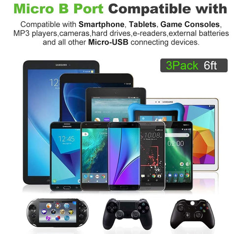 Micro USB Cable, 3Pack 6FT Android Charger Cord Long Braided Sync Fast Charging Cables Compatible with Samsung Galaxy S6 S7 Edge, Android Phone -B...