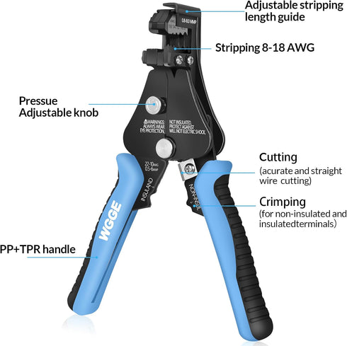 WGGE Automatic Heavy Duty Wire Stripper/Wire Cutter, 3 IN 1 Adjustable Wire Stripper Tool for 8-18 AWG Solid and Stranded Electrical Wire | 10-22 ...