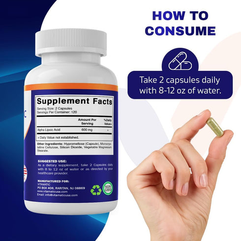 Vitamatic Alpha Lipoic Acid (ALA) 600mg Per Serving - 240 Vegetable Capsules - 120 Servings - Non-GMO & Gluten Free...