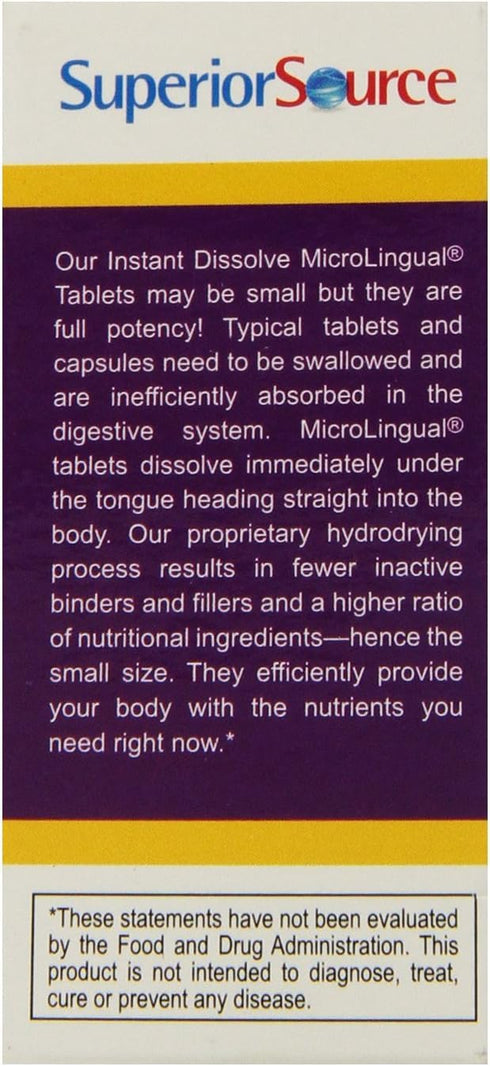 Superior Source No Shot Vitamin B12 Cyanocobalamin (1000 mcg), Folic Acid (400 mcg), Quick Dissolve MicroLingual Tablets, 100 Ct, Increase Energy,...