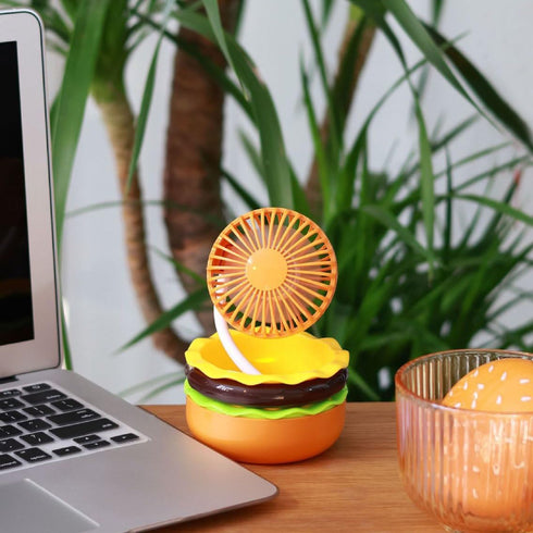 Portable Mini Desk Fan with Mirror, 3 Speeds Airflow, 360° Rotation, USB Rechargeable, Burger Shape Summer Gift Table Fan Handheld (Brown)...