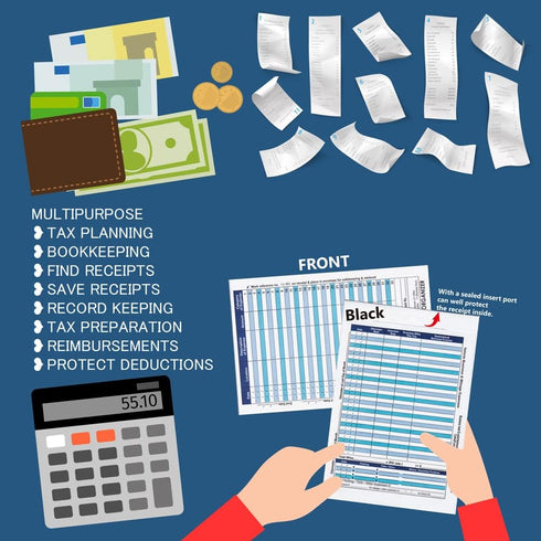 12 Pack Blue Large Business Receipts & Expense Organizer Envelopes for Expense Tracker and Storing Receipts-The Front Detail is Expense Ledger to ...