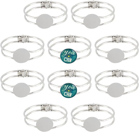PH PandaHall 10 Pieces Cabochon Bracelet Brass Blank Cuff Bangles with 25mm Round Tray for Men and Women Bracelet Making- Platinum...