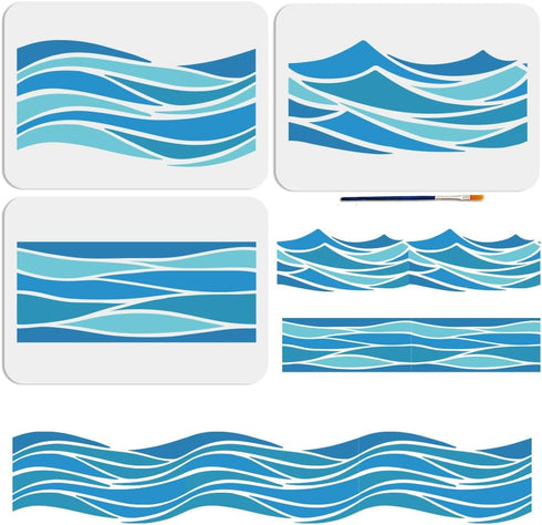 3pcs Waves Stencil Template 11.7×8.3inch Large Sea Ocean Wave Stencil with Paint Brush Reusable Summer Beach Wave Drawing Templates for Furniture ...