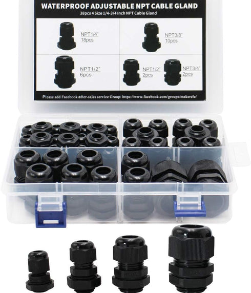 MAKERELE NPT Cable Glands Kit Waterproof Adjustable Nylon 1/4” 3/8” 1/2” 3/4” Plastic Strain Relief Cord Connectors 38pcs Black With Gaskets...