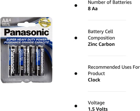 Panasonic 5741 8PC AA Batteries Super Heavy Duty Power Carbon Zinc Double A Battery 1.5V, Black (Pack of 8)...
