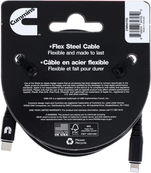 Cummins Lightning(R) to Type C(R) USB Braided Flex Cable and Wrap Attachment 4ft CMN4705......