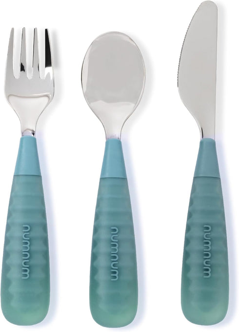 NumNum Toddler Utensils, Pre-Spoon, Fork, Spoon & Knife GOOtensils - 4th Stage Silverware Feeding Kids Aged 2+ Years w/Stainless Steel Heads - Sil...