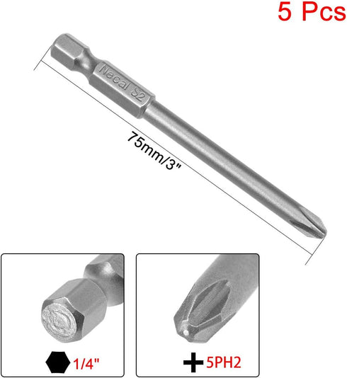 uxcell 5 Pcs 5mm PH2 Magnetic Phillips Screwdriver Bits, 1/4 Inch Hex Shank 3-inch Length S2 Power Tool...