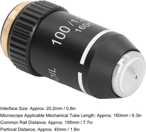 Microscope Objective Lens, 100X Magnification Lens High Power Objective Lens Replacement Achromatic Objective 20.2mm Interface Thread for Compound...