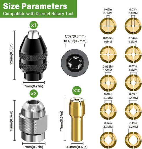 Drill Chuck Collet Set for Dremel, 15PCS Chuck Collet Kit, 0.8-3.2mm Shank Replacement 4486 Rotary Tool Keyless Quick Change Chuck Accessory with ...