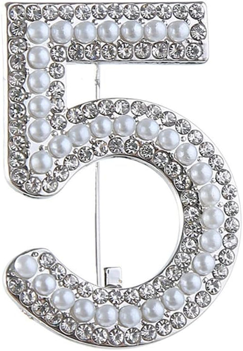 Crystal Pearls Lucky Number Five Brooch for Women Girl Men Fashion Lapel Pins Corsage Scarf Pin Rhinestones Breastpin for Wedding Party Banquet Cl...